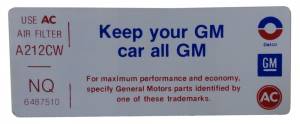 "Keep Your GM Car All GM" Air Cleaner Decal