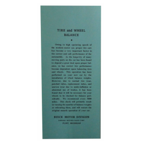 Tire & Wheel Balance Instructions Glove Box Card