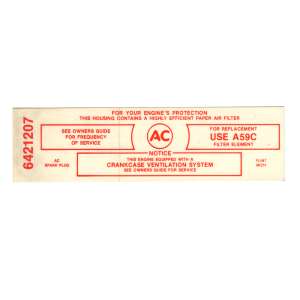 Air Cleaner Instructions Decal - Filter Type A59C - California Police Car