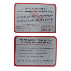 Lincoln / Mercury Battery Warranty Card