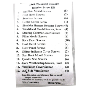 1968 Chevy Camaro Restoration Parts Interior Screw Kit - 78 pc. - #19-029K.