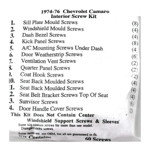 1974-76 Chevy Camaro Restoration Parts Interior Screw Kit - 60 pc. - #19-034K.