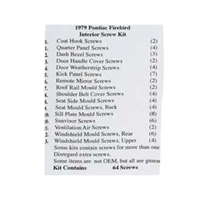 1979 Pontiac Firebird Restoration Parts Interior Screw Kit - 64 pc. - #19-038K.