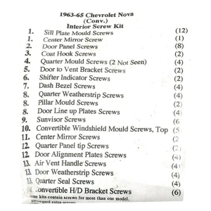 1963-65 Chevy II Convertible Restoration Parts Interior Screw Kit - 90 pc. - #19-056K.