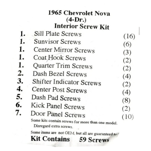 1965 Chevy Restoration Parts Interior Screw Kit - 77 pc. - #19-057K.