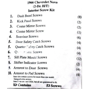 1966 Chevy Restoration Parts Interior Screw Kit - 53 pc. - #19-058K.