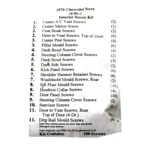 1970 Chevy Nova Restoration Parts Interior Screw Kit - 100 pc. - #19-061K.