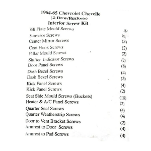 1964-65 Chevy Chevelle Restoration Parts Interior Screw Kit - 76 pc. - #19-073K.
