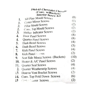 1964-65 Chevy Chevelle Restoration Parts Interior Screw Kit - 84 pc. - #19-074K.