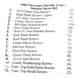 1966 Chevy Restoration Parts Interior Screw Kit - 82 pc. - #19-077K