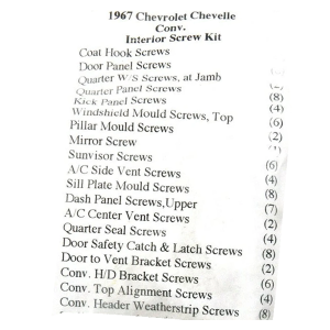 1967 Chevy Chevelle Convertible Restoration Parts Interior Screw Kit - 100 pc. - #19-079K.