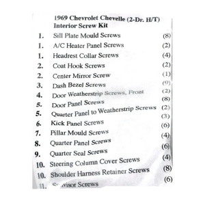 1969 Chevy Chevelle Restoration Parts Interior Screw Kit - 75 pc. - #19-084K.