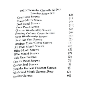 1971 Chevy Chevelle Restoration Parts Interior Screw Kit - 76 pc. - #19-089K.