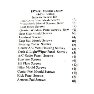 1979-81 Chevy Malibu Restoration Parts Interior Screw Kit - 83 pc. - #19-093K.