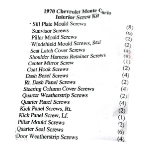 1970 Chevy Monte Carlo Restoration Parts Interior Screw Kit - 64 pc. - Part #19-113K.