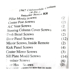 1967 Oldsmobile Cutlass Restoration Parts Interior Screw Kit - 73 pc. - Part #19-124K.