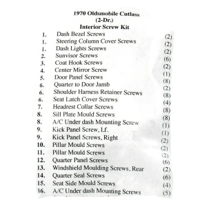 1970 Oldsmobile Cutlass Restoration Parts Interior Screw Kit - 84 pc. - Part #19-129K.
