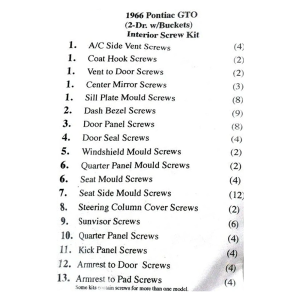 1966 Pontiac GTO Restoration Parts Interior Screw Kit - 84 pc. - Part #19-150K.