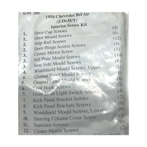 1954 Chevy Bel Air Restoration Parts Interior Screw Kit - 101 pc. - Part #19-183K.
