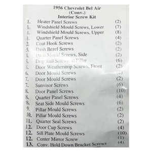 1956 Chevy Bel Air Convertible Restoration Parts Interior Screw Kit - 90 pc. - 19-188K.