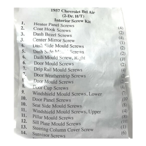 1957 Chevy Bel Air Restoration Parts Interior Screw Kit - 84 pc. - Part #19-189K.