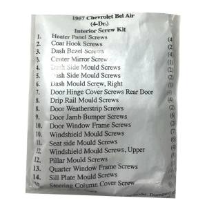1957 Chevy Bel Air Restoration Parts Interior Screw Kit - 110 pc. - Part #19-190K.