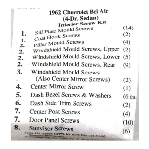 1962 Chevy Bel Air Restoration Parts Interior Screw Kit - 91 pc. - Part #19-192K.