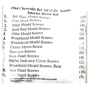 1964 Chevy Bel Air Restoration Parts Interior Screw Kit - 81 pc. - Part #19-193K.