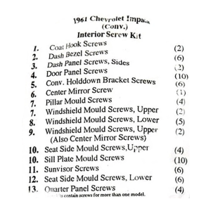 1961 Chevy Impala Restoration Parts Interior Screw Kit - 81 pc. - Part #19-204K.