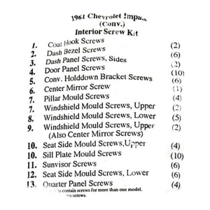1961 Chevy Impala Restoration Parts Interior Screw Kit - 70 pc. - Part #19-205K.