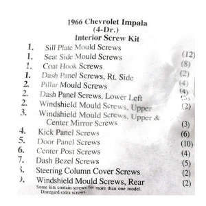 1966 Chevy Impala Restoration Parts Interior Screw Kit - 85 pc. - Part #19-217K.