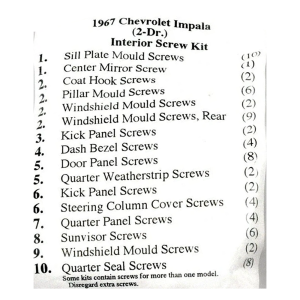 1967 Chevy Impala Convertible Restoration Parts Interior Screw Kit - 103 pc. - Part #19-222K.