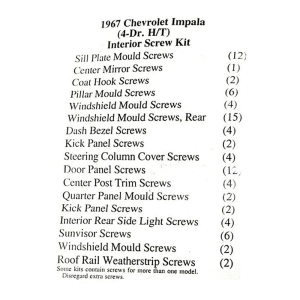 1967 Chevy Impala Restoration Parts Interior Screw Kit - 102 pc. - Part #19-223K.