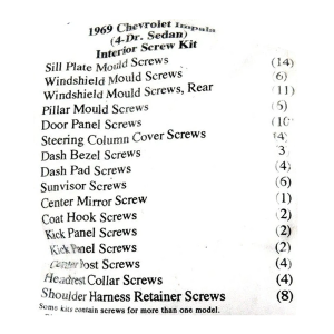 1969 Chevy Impala Restoration Parts Interior Screw Kit - 87 pc. - Part #19-227K.