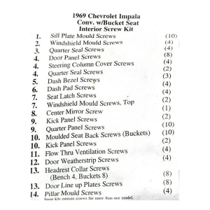 1969 Chevy Impala Restoration Parts Interior Screw Kit - 104 pc. - Part #19-228K.