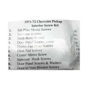 1971-72 Chevy Truck Restoration Parts Interior Screw Kit - 43 pc. - Part #19-239K.
