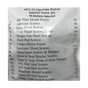 1971-72 Chevy Truck Restoration Parts Interior Screw Kit - 67 pc. - Part #19-240K.