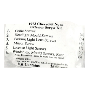1973 Chevy Nova Restoration Parts Exterior Screw Kit - 26 pc. - Part #19-265K.