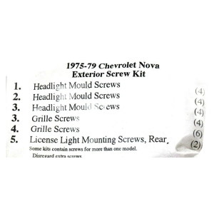 1975-79 Chevy Nova Restoration Parts Exterior Screw Kit - 24 pc. - Part #19-267K.