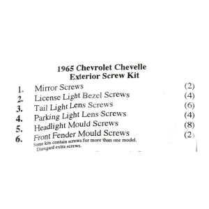 1965 Chevy Chevelle Restoration Parts Exterior Screw Kit - 26 pc. - Part #19-270K.