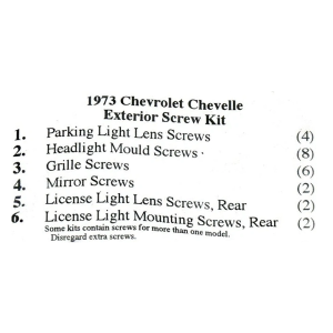1973 Chevy Restoration Parts Exte.rior Screw Kit - 24 pc. - Part #19-277K