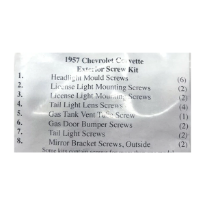 1957 Chevy Corvette Restoration Parts Exterior Screw Kit - 21 pc. - Part #19-27K.