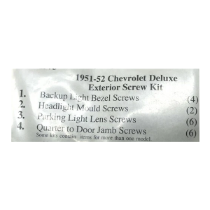 1951-52 Chevy Restoration Parts Exterior Screw Kit - 18 pc. - Part #19-291K.