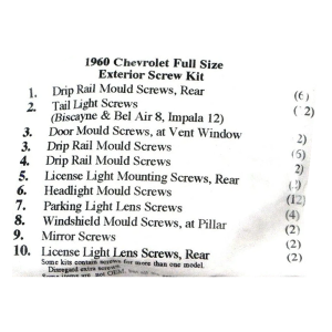 1960 Chevy Restoration Parts Exterior Screw Kit - 58 pc. - Part #19-297K.