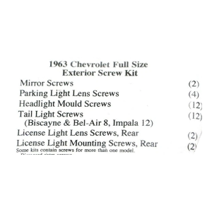 1963 Chevy Restoration Parts Exterior Screw Kit - 34 pc. - Part #19-300K.