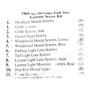 1969 Chevy Restoration Parts Exterior Screw Kit - 70 pc. - Part #19-306K.