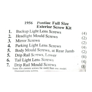 1956 Pontiac Restoration Parts Exterior Screw Kit - 32 pc. - Part #19-327K.